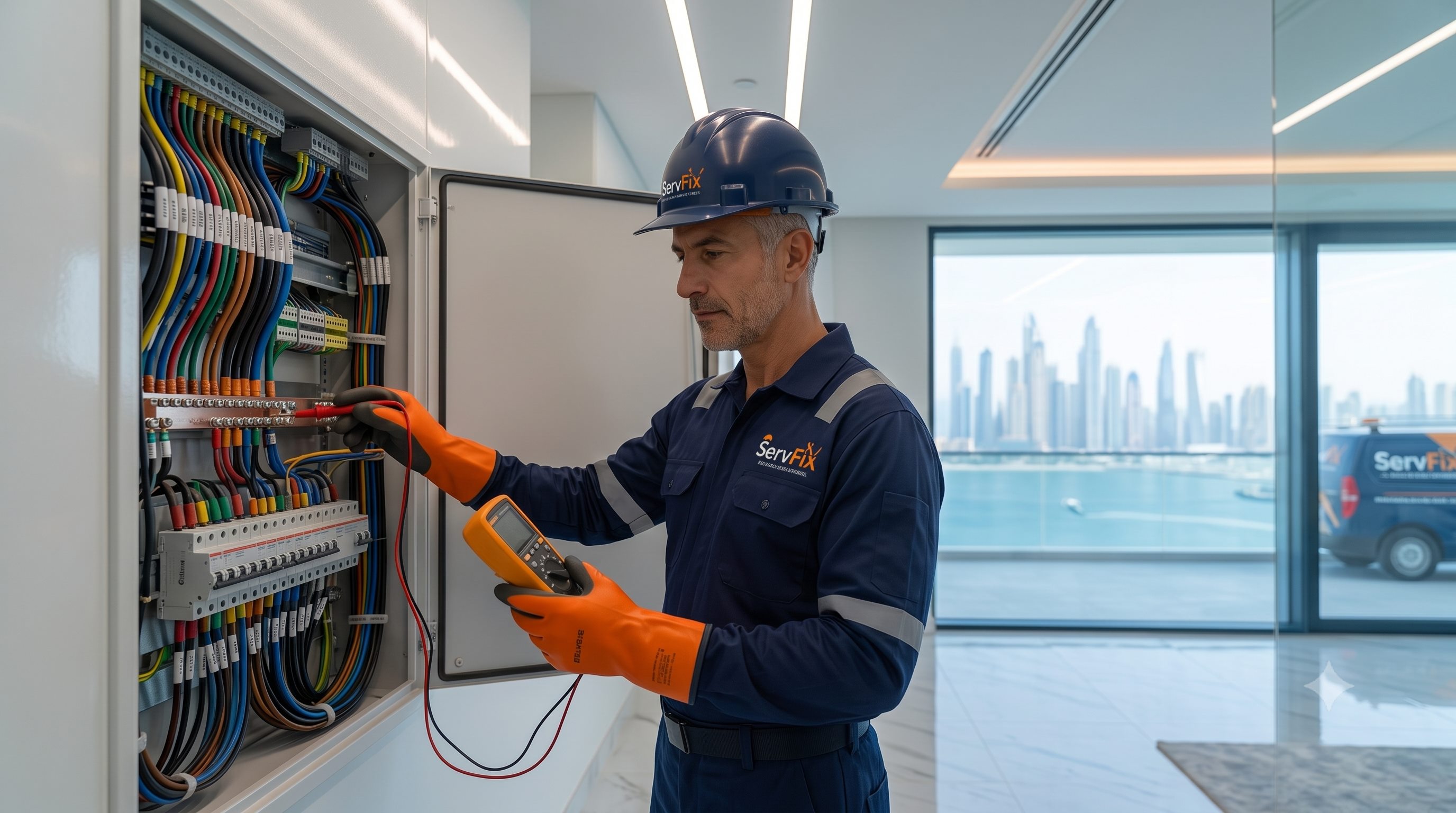 ServFix electrician checking electrical systems in Dubai