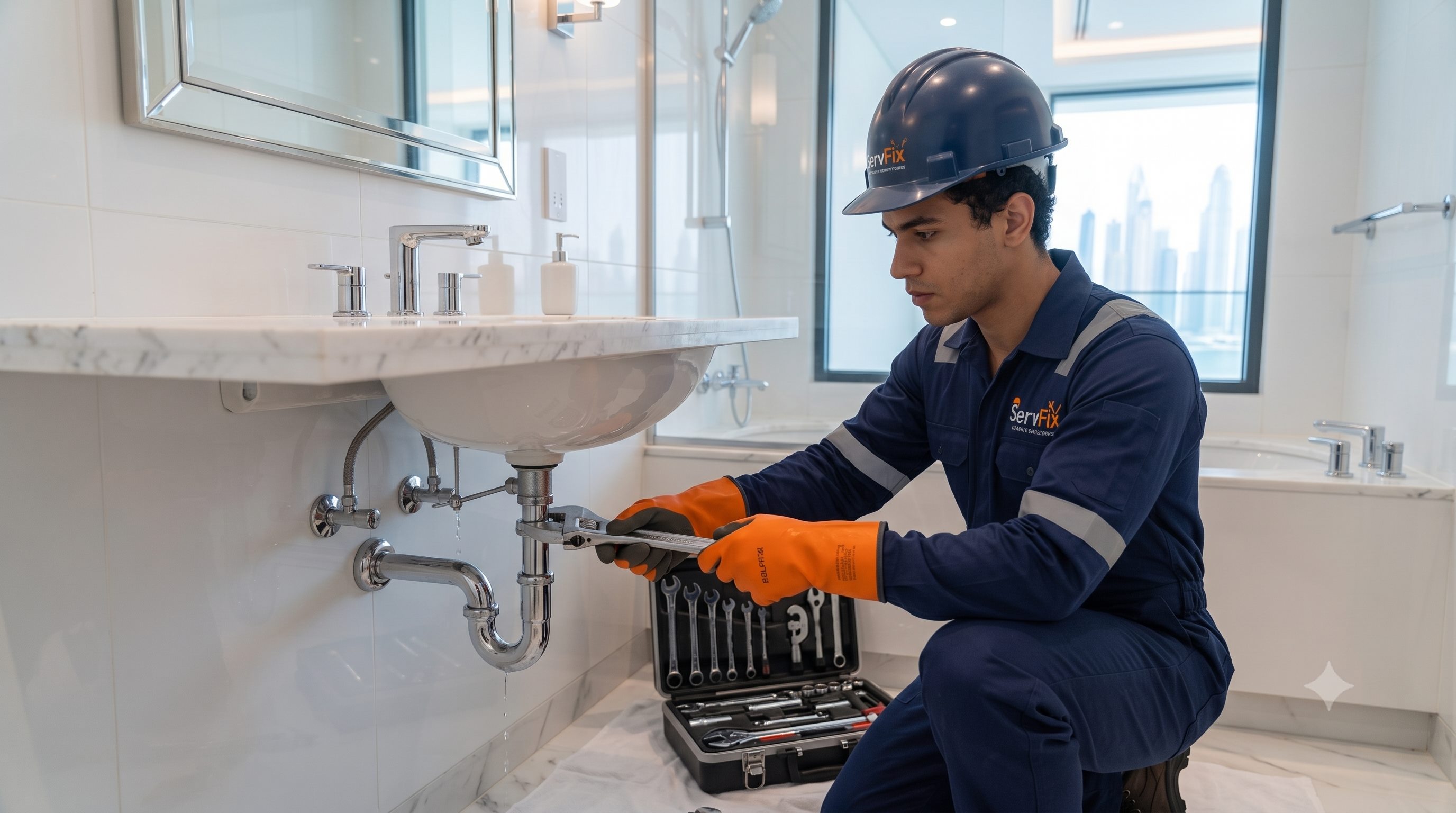 ServFix plumber repairing bathroom plumbing in Dubai